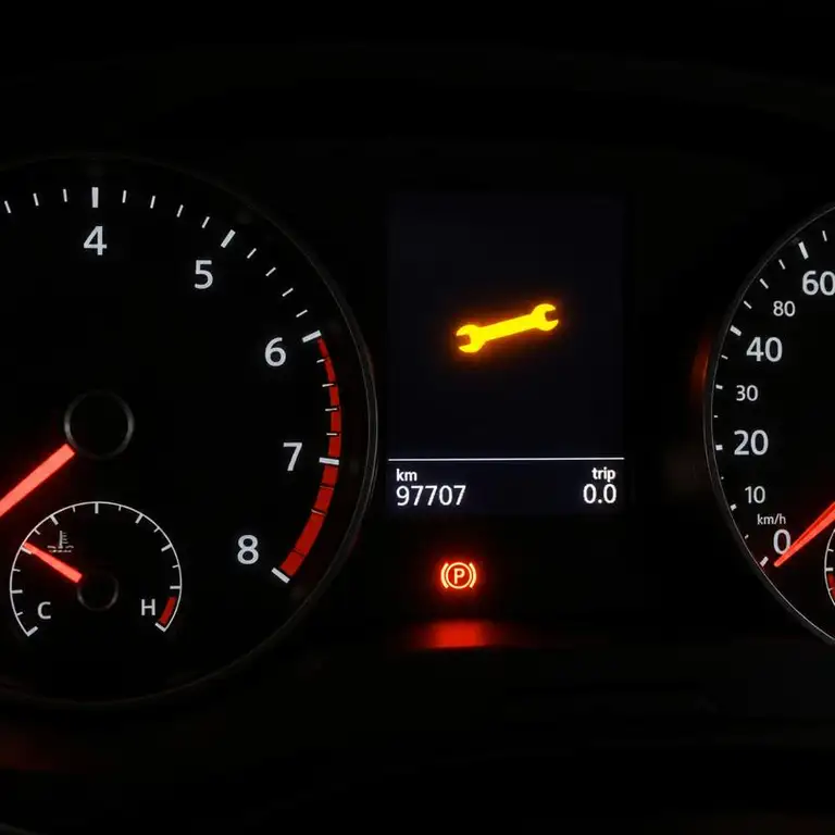 Instrument cluster showing an illuminated maintenance service reminder symbol