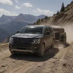 SUV towing a trailer on a dusty mountain road