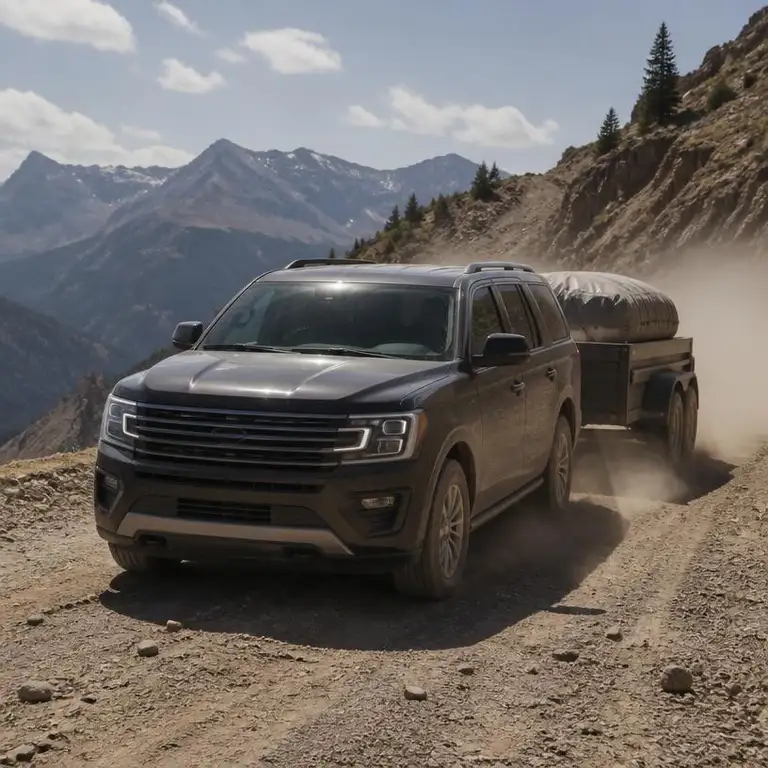 SUV towing a trailer on a dusty mountain road